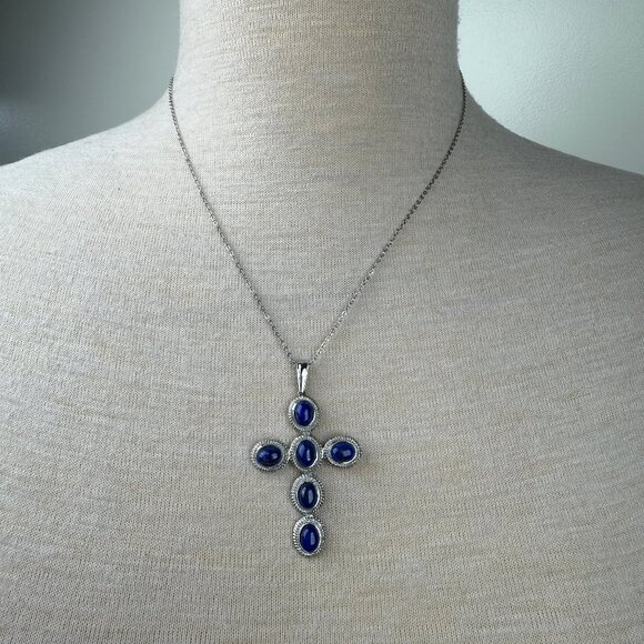 Jewelry - NWT Lapis Lazuli Solitaire Cross Pendant Stainless Steel 316LSS Necklace